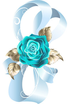 White ribbon Bow with blue rose