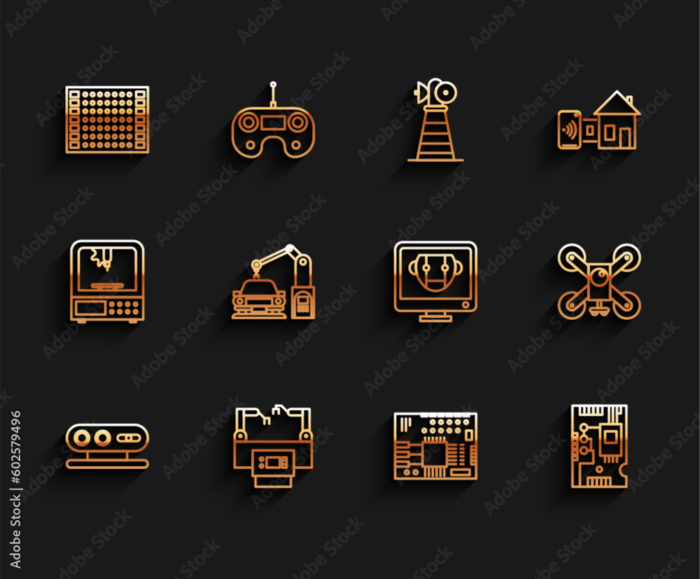Poster set line 3d scanning system, electronic computer components motherboard digital chip, industrial mac