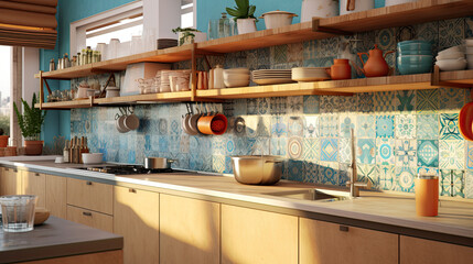 Moroccan-Inspired Backsplash: Blue and Turquoise Tiles for a Playful Bohemian Kitchen