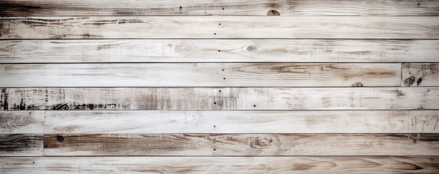 Wide banner with copy space, texture of old white boards detailed brushed oak wood as background with artistic design. AI generative
