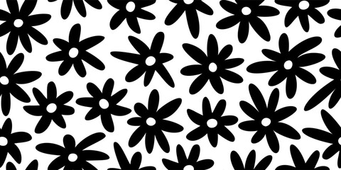 Abstract black and white hand drawn simple flowers seamless pattern. Contemporary nature naive art. Cutout silhouettes background. Vector illustration.