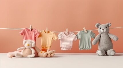 baby toys, clothes on pink background with copy space , AI Generated.  Generative AI - obrazy, fototapety, plakaty