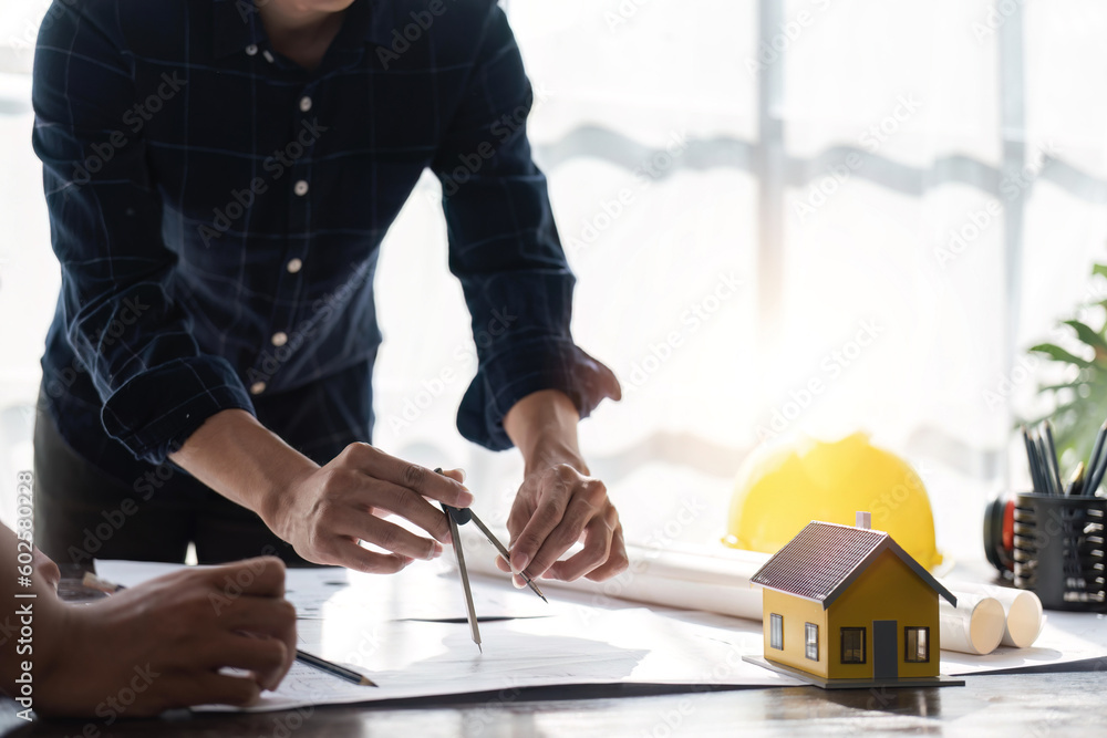 Poster engineer team planning design house, modifying plan, creating construction project and addition acco