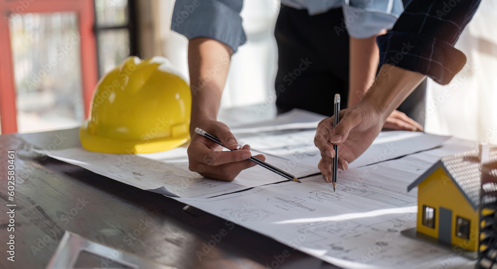 Poster engineer team planning design house, modifying plan, creating construction project and addition acco