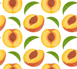 Half a peach with pit. Seamless pattern in vector. Summer fruits.