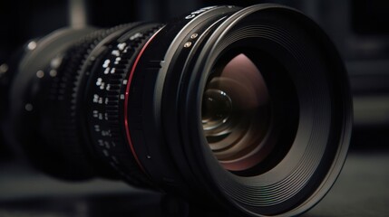 Close-up of a professional camera lens. Shallow depth of field.. Generated AI