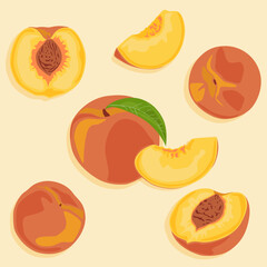 Peaches set. Vector icons of whole peach and sliced peach. Summer fruits.