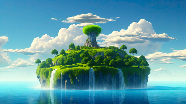 Conceptual image of green island with trees and waterfalls.
Fantasy island with trees and waterfalls. 3d illustration.
Fantasy landscape.
Pagoda on the island floating in the sea. Generated AI