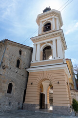 Bell tower of a Bulgarian Orthodox church in the city of Plovdiv on a sunny day.