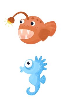 Cute devil fish, seahorse. Underwater animals. Sea creatures. Cartoon style illustration. Isolated character for design on white background. Watercolor drawing.
