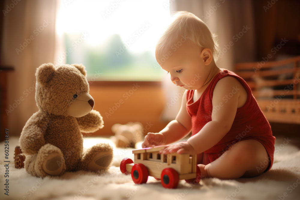 Wall mural Close up of a baby playing with a toy bear at home