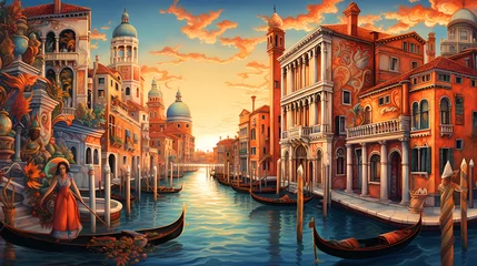 Poster Illustration of the beautiful city of Venice. City of gondoliers, bridges, carnivals and love. Italy © Aleh Varanishcha