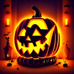 Halloween night background with pumpkins and a glowing neon stand. Detailed realistic illustration - generative ai