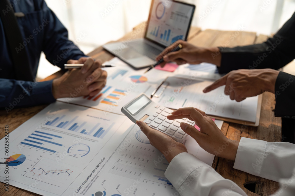 Poster meeting business team advisor about financial graph chart showing results are analyzing and calculat