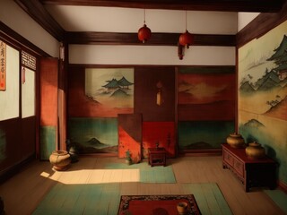 A chinese painting of an room of courtyards houses created with generative ai
