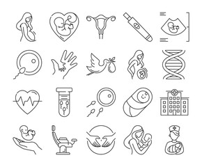 Pregnancy icon set vector isolated. Collection of line symbols, female person adn newborn. Pregnancy test, embryo in ultrasound. Sperm in test tube, mother touching bell and chair for gynecology.