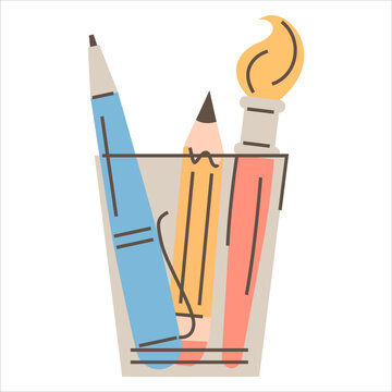 Stationery in plastic glass vector isolated. Pen, pencil and brush in holder. School and office supply. Writing and drawing equipment.