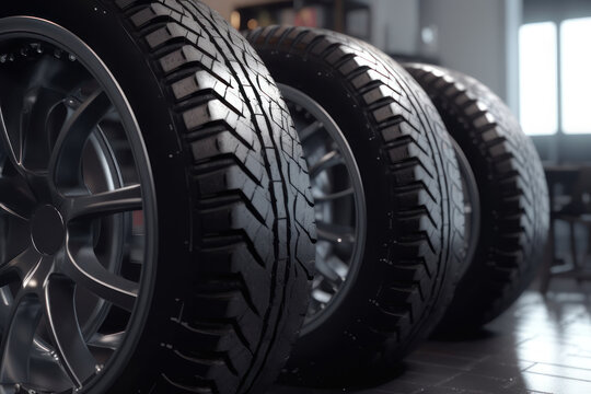New tires in a car dealership. AI generative.