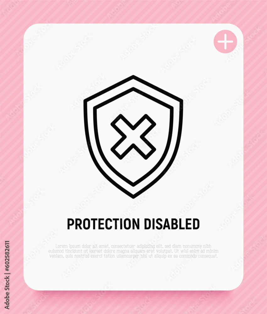 Poster security disabled thin line icon. shield with cross mark. vector illustration.