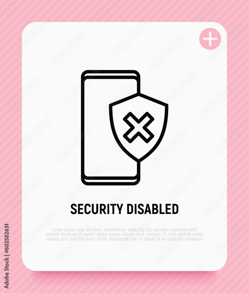 Aufkleber security disabled thin line icon. smartphone with shield with cross mark. vector illustration.