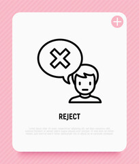 Man rejected something. Refuse, personal boundaries, say no. Speech bubble with delete symbol. Cancel or decline offer. Modern vector illustration.