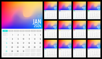Modern calendar for 2024 year with abstract gradient. Vector illustration for monthly planning.