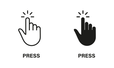 Press Gesture, Hand Cursor for Computer Mouse Line and Silhouette Black Icon Set. Click, Tap, Touch, Point Sign Collection. Pointer Finger Pictogram on White Background. Isolated Vector Illustration