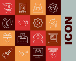 Set line Star and crescent, Holy book of Koran, Ramadan Kareem lantern, Muslim man, Oil lamp, Date fruit, drum and Octagonal star icon. Vector