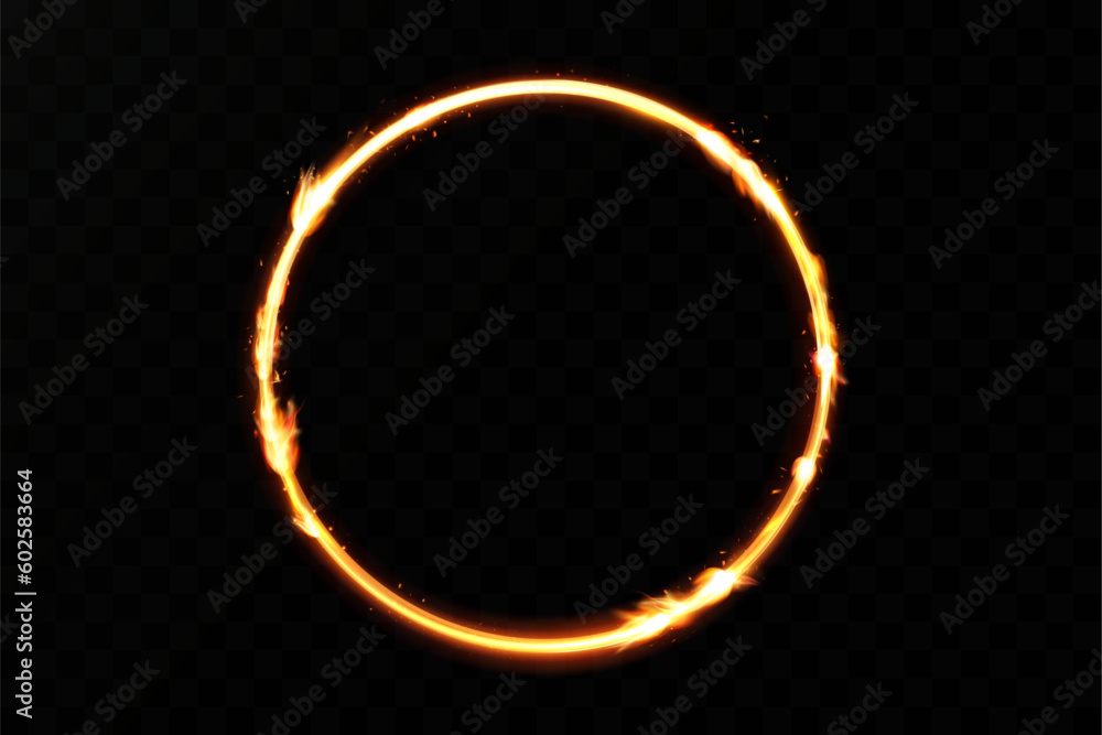 Poster gold frame with fiery sparks. gold frame with light effects. shining banner.