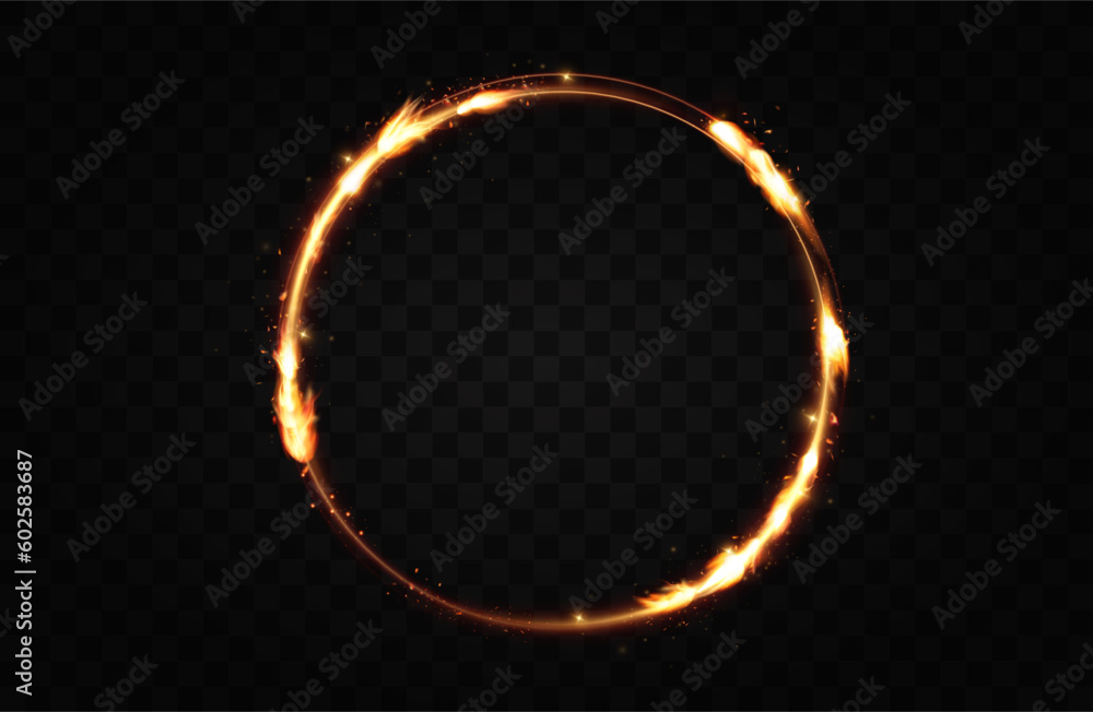 Poster gold frame with fiery sparks. gold frame with light effects. shining banner.