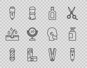 Set line Classic Barber shop pole, Hair clipper, Bottle of shampoo, Shaving gel foam, Electric razor blade, Hand mirror, Curling iron for hair and icon. Vector