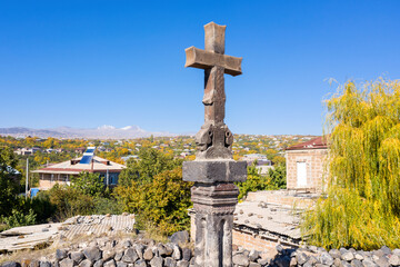View of plague cross in Hovhannavank monastery on sunny autumn morning. Aragatsotn Province, Armenia.