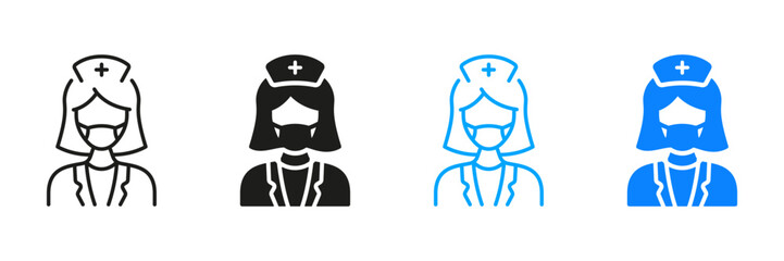 Physician, Orthodontist, Endodontist Pictogram Collection. Dental Doctor Woman in Face Mask Silhouette and Line Icon Set. Female Dentist, Surgeon Black and Color Sign. Isolated Vector Illustration