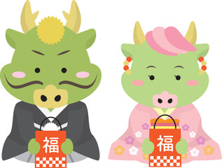 2024年の辰年年賀状に使える着物を着て福袋を持つ龍のセットイラスト