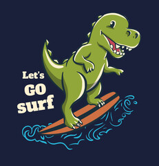 Dinosaur surf on big wave cool summer t-shirt print. T-rex ride surfboard.