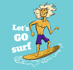 Boy surf on big wave cool summer t-shirt print. Boyfriend ride surfboard.