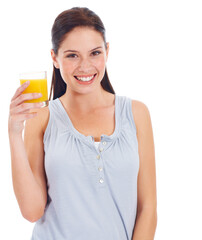 Orange juice, studio portrait and woman with drink glass for body hydration, liquid detox or natural weight loss. Wellness smile, nutritionist beverage and female person isolated on white background