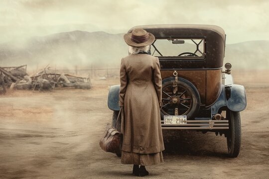 American woman car 1920 year. Generate Ai