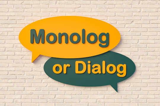 Monolog or Dialog? Cartoon speech bubble in yellow and dark green. Monolog, dialog, discussion, chat, communication, forum, event, talking, opportunity, interview, business. 3D illustration