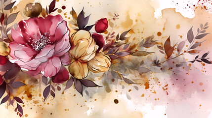 Abstract art background of Watercolor beautiful golden flowers. AI Illustration. For banner, poster, Web, packaging, art industry and book.