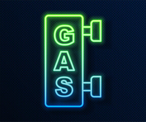 Glowing neon line Gas filling station icon isolated on blue background. Transport related service building Gasoline and oil station. Vector
