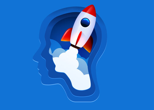 Silhouette of a human head with rocket launch. Concept of brainstorm, idea, mind boost.