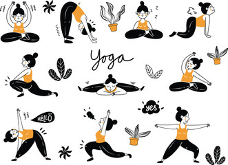 Set Collection Black & Orange Cute Calm Yoga Pose Illustration vector