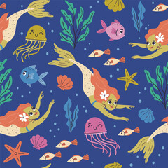 Mermaid seamless pattern. Cute mermaid swimming in the sea with seaweed, jellefish and fish. Isolated elements on blue background. Hand-drawn vector illustration.