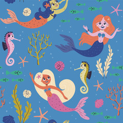 Fototapeta na wymiar Mermaid seamless pattern. Cute mermaids swimming in the sea with seahorses and seaweeds. Isolated elements on light blue background. Hand-drawn, vector illustration.