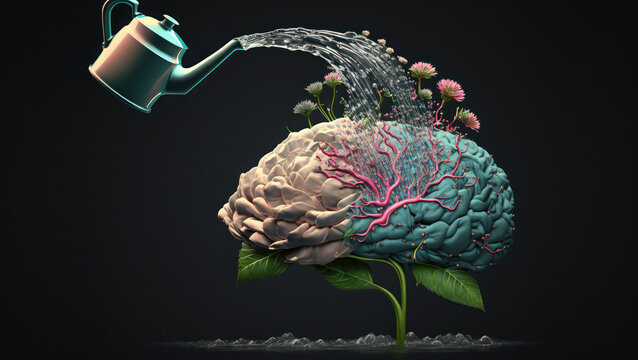 mental health mental strength wellness background banner. blooming growing healing human brain, water flowing from water can. generative ai