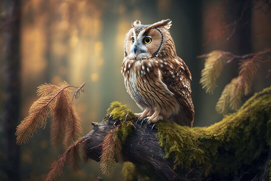 A beautiful owl on a branch high in the forest
