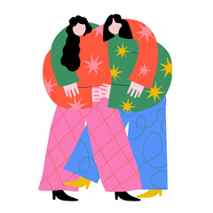Vector abstract style illustration with hugging women. Friendship and romantic couple print design, support mental health poster, greeting card template - 602585608