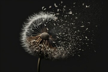 A dandelion blowing in the wind with lots of seeds on it's head and seeds flying in the air, with a black background.