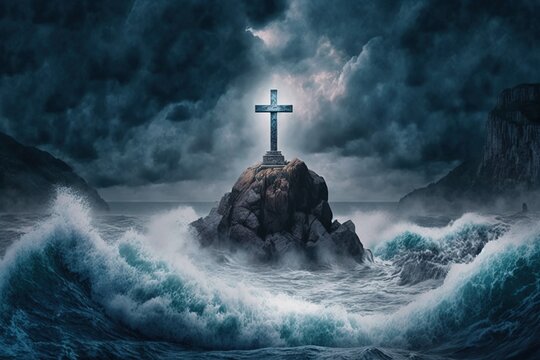 A cross on a rock in the middle of a large ocean with a huge wave crashing over it and a dark sky a matte painting power
